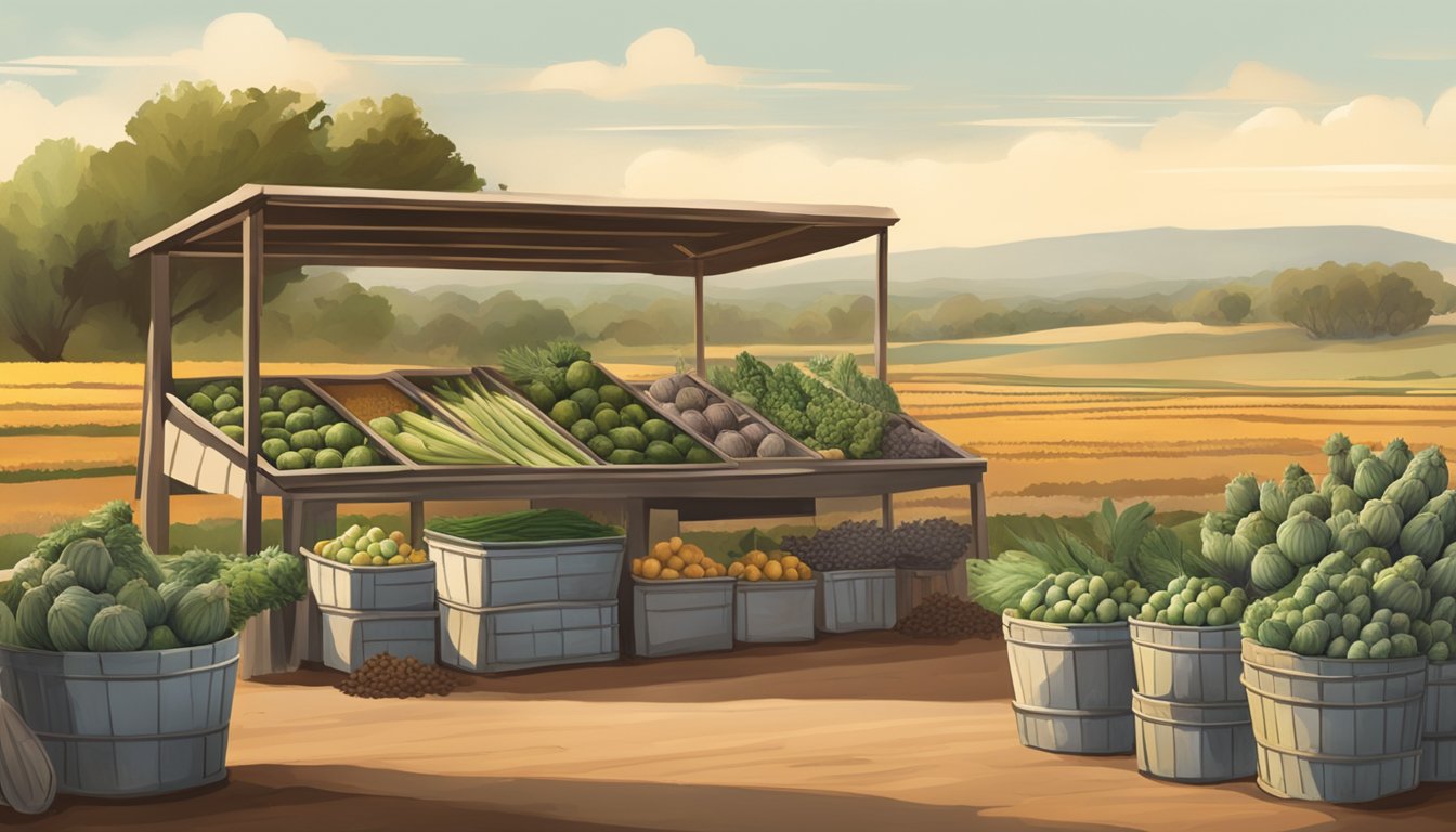 A farmer's market stall with piles of artichokes, surrounded by the warm Texas landscape. The air is filled with the earthy and nutty aroma of the in-season vegetables