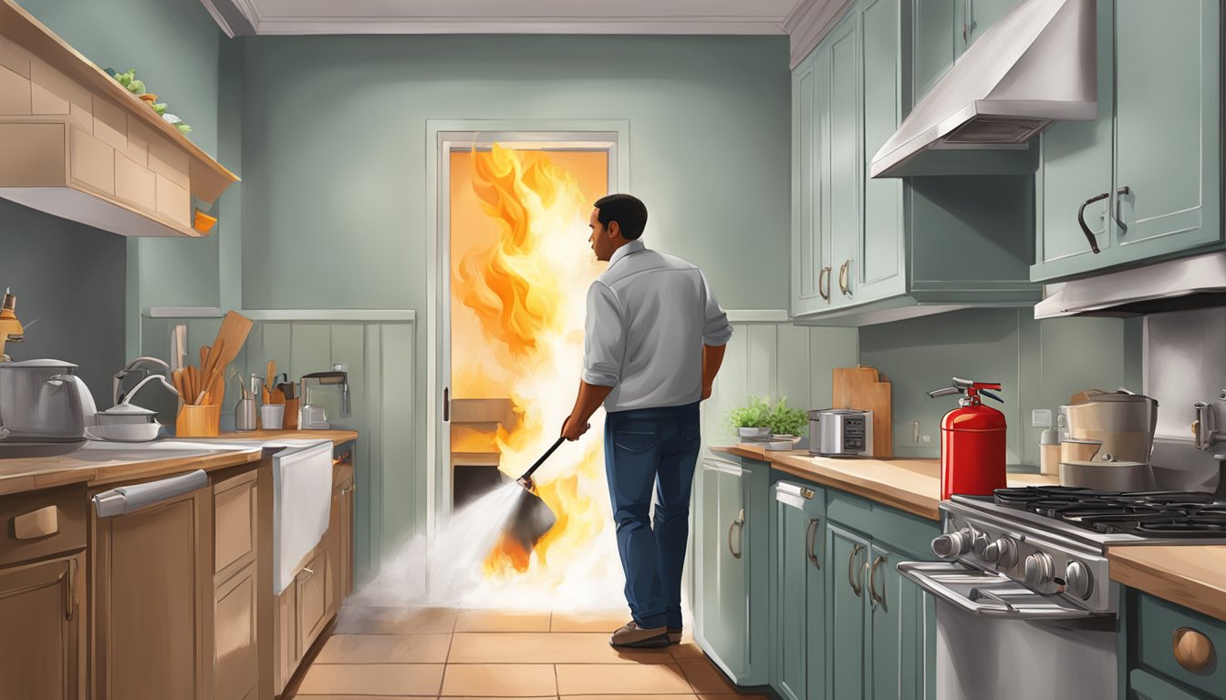 A kitchen in Texas with a small fire being extinguished by a person using a fire extinguisher