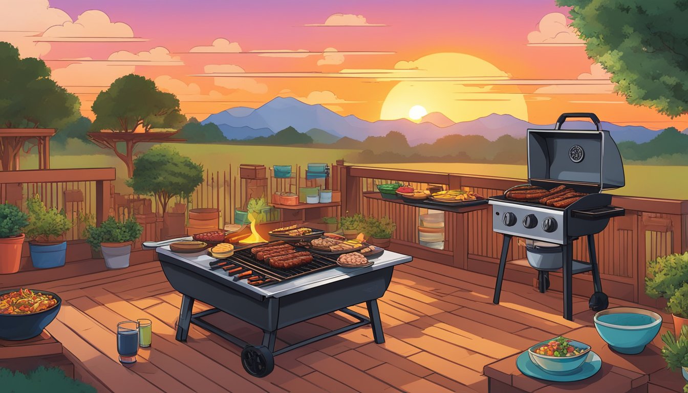 A backyard grill sizzling with marinated meats, surrounded by colorful banchan dishes and a Texas sunset in the background