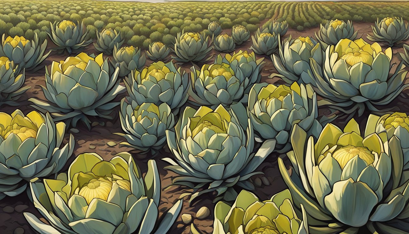 A bountiful Texas farm scene with artichokes in various stages of ripeness, surrounded by rich, earthy soil and bathed in warm, smoky sunlight