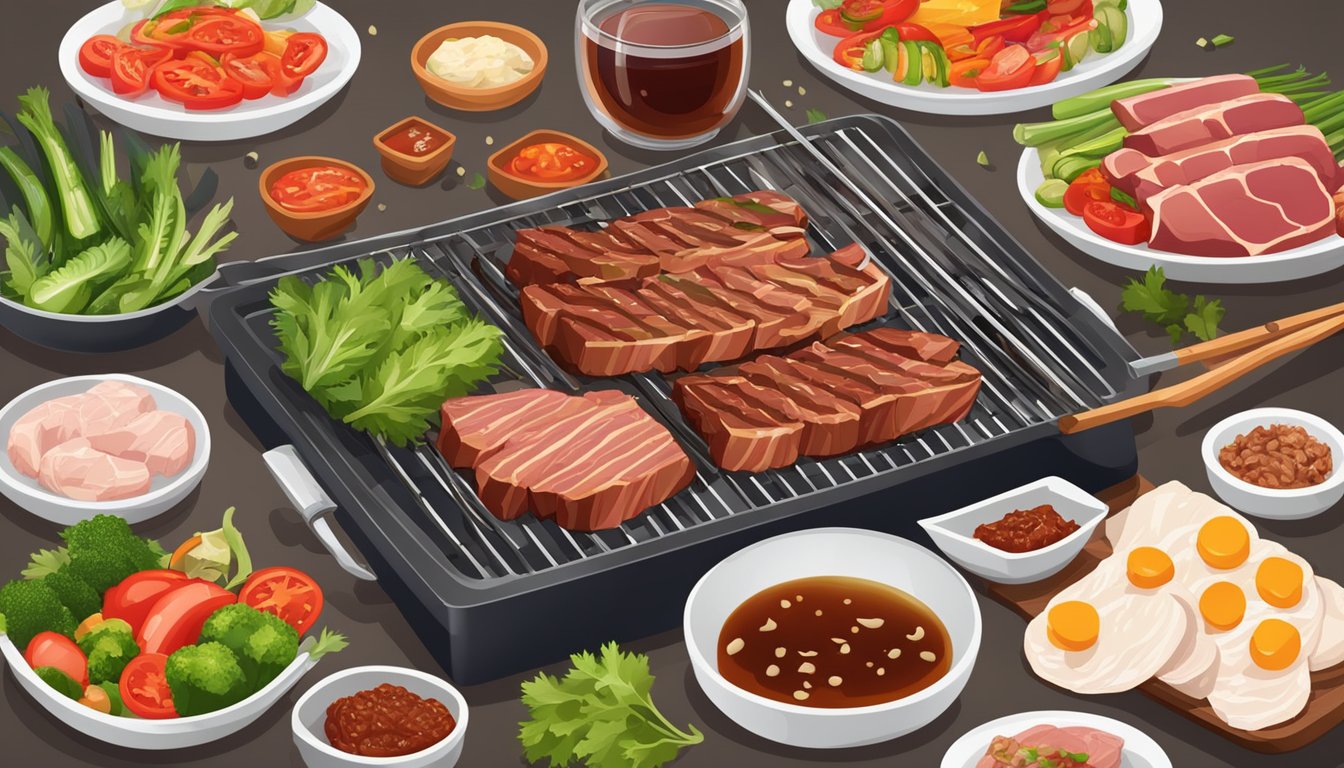 A table set with various cuts of marinated meat, fresh vegetables, and condiments for grilling. A grill sizzling with meat and the aroma of Korean BBQ filling the air