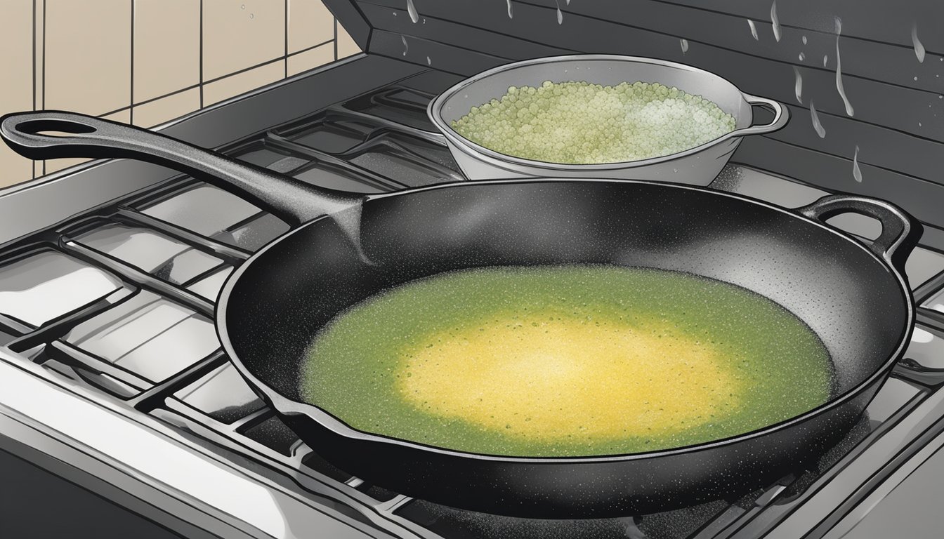 A cast iron skillet being scrubbed with salt and oil under running water, then placed in a hot oven to revive its seasoning