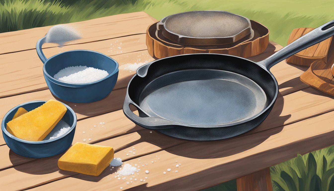 A sunny Texas backyard with a rusty cast iron skillet being scrubbed clean with salt and oil