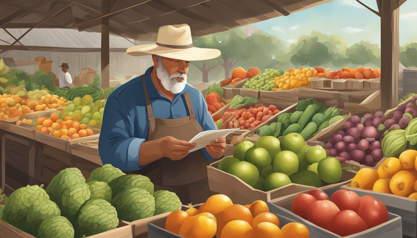 A farmer inspecting ripe fruits and vegetables in a Texas market