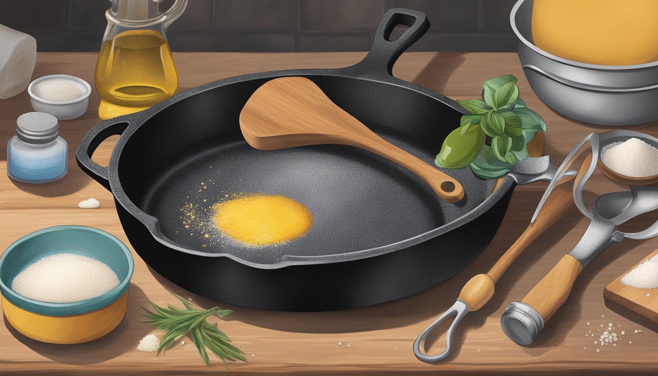 A cast iron skillet sits on a stovetop, surrounded by various oils, salt, and scrubbing tools. The skillet appears worn but shows potential for revival