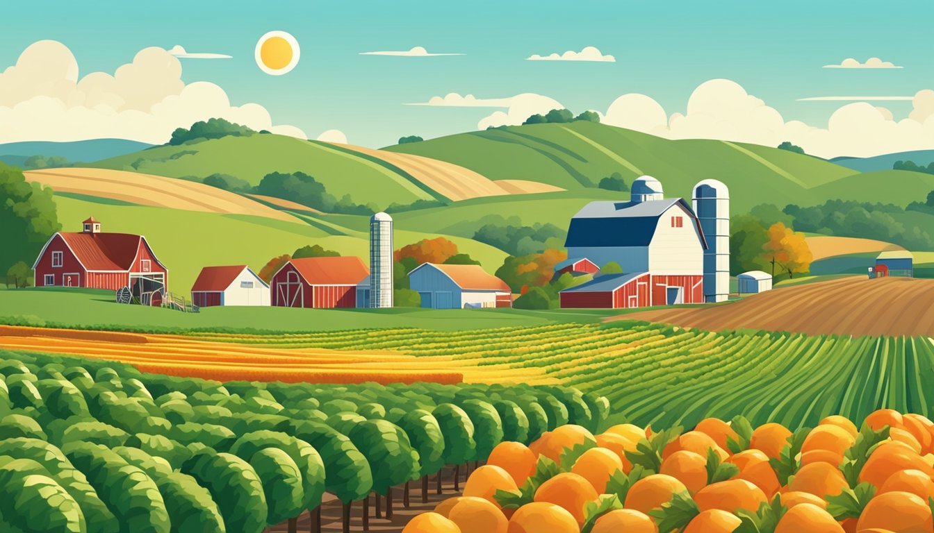 A sunny Texas farm with rows of vibrant fruits and vegetables, surrounded by rolling hills and a clear blue sky