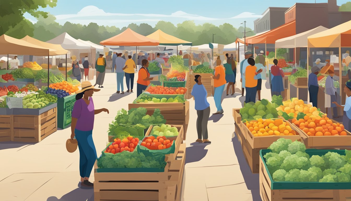 A bustling farmer's market in Texas, with colorful, fresh fruits and vegetables displayed on wooden crates. Customers chat with local farmers about sustainable growing practices