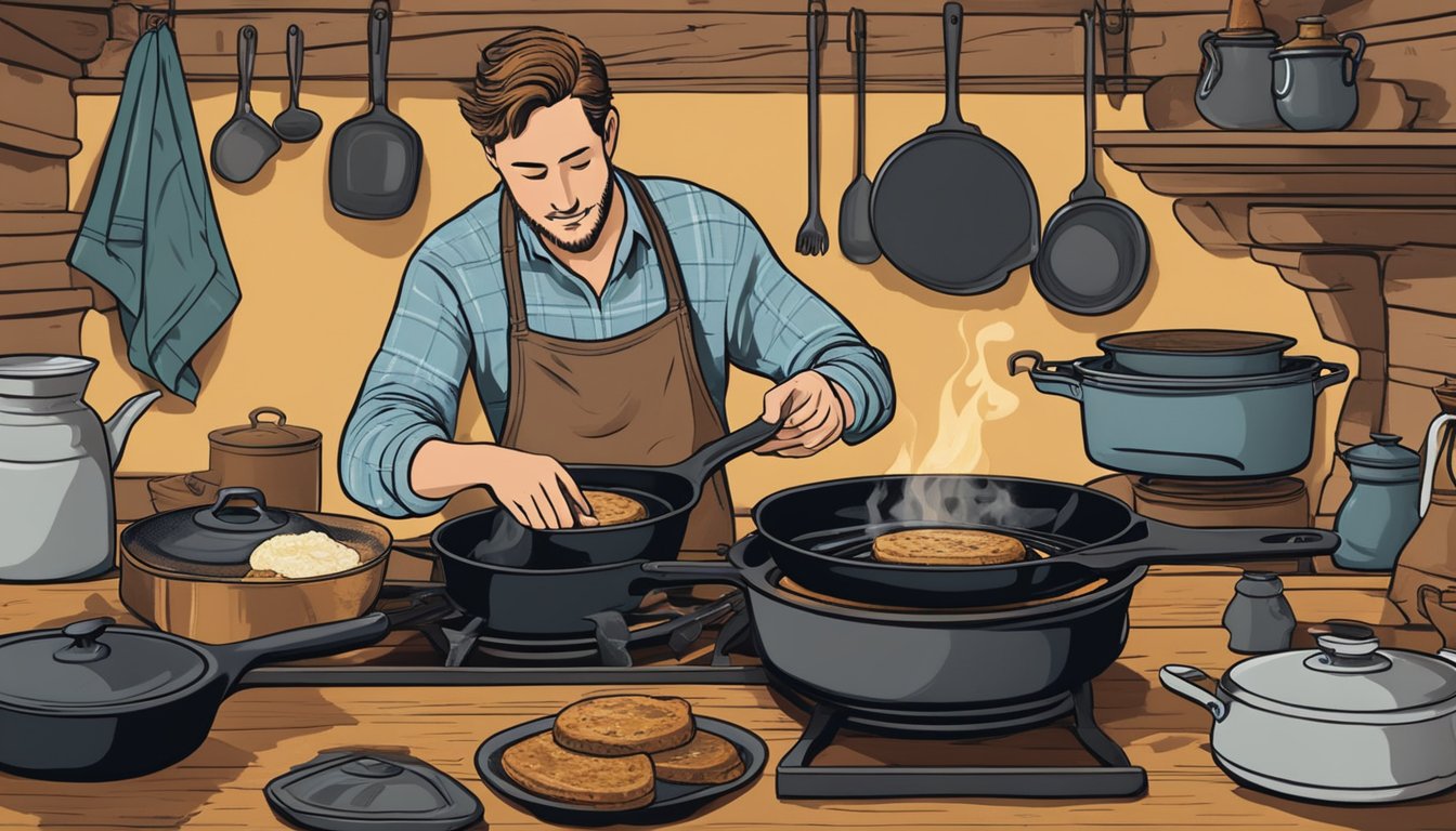 A cast iron skillet sits on a rustic Texas stove, surrounded by vintage cookware. A person is seen reviving the skillet with oil and a cloth