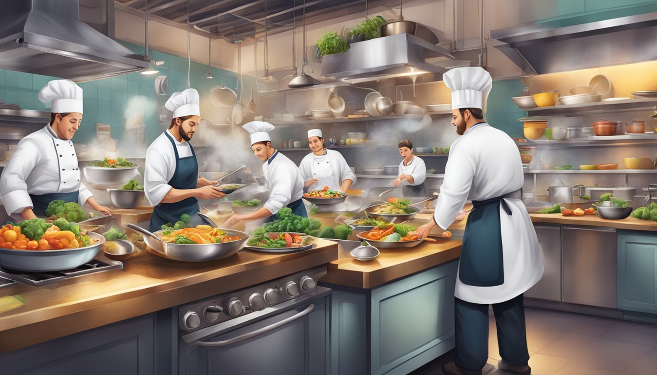 A bustling kitchen filled with chefs preparing and plating exquisite dishes, surrounded by colorful ingredients and steaming pots and pans