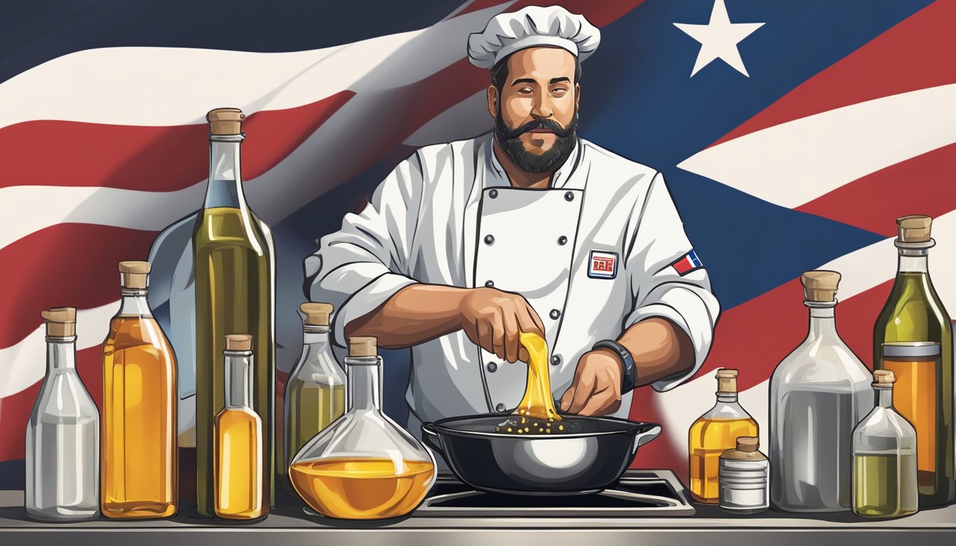 A chef confidently pouring oil into a sizzling pan, surrounded by various bottles of cooking oils and a Texas flag in the background