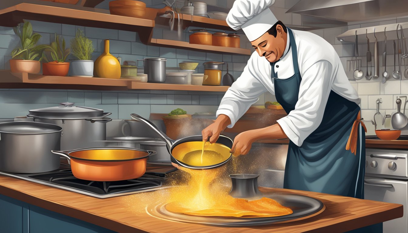 A chef confidently pouring oil into a sizzling pan in a Texas kitchen