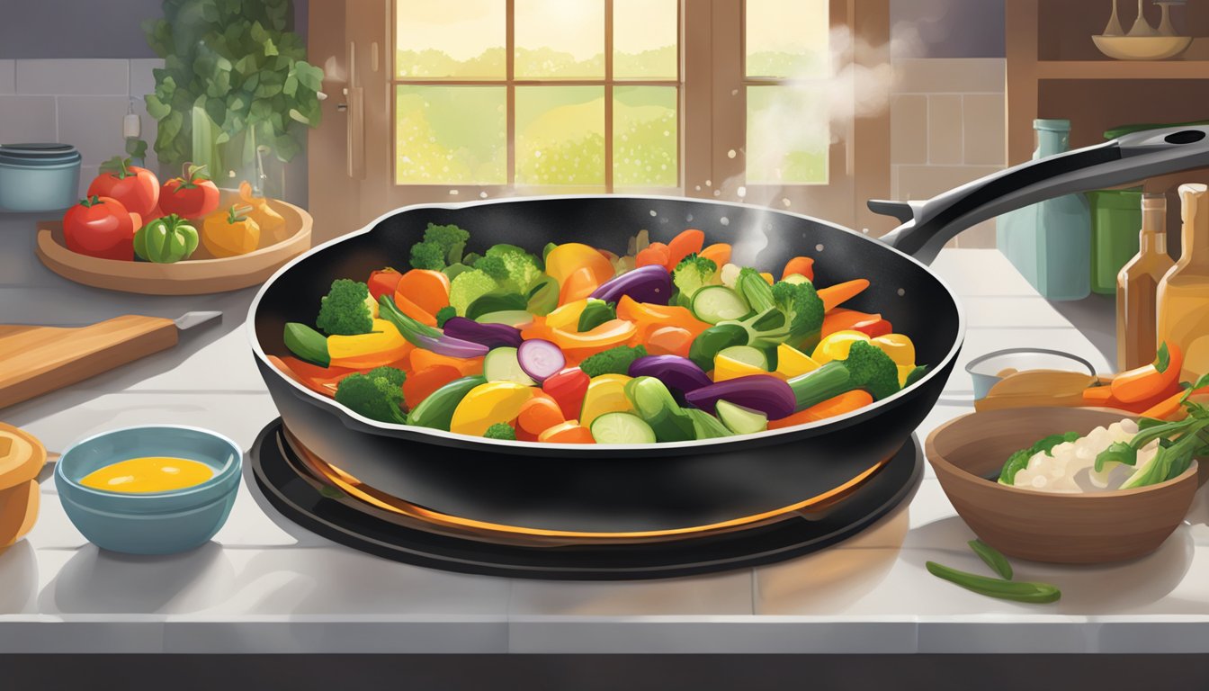 A sizzling skillet of colorful vegetables being drizzled with oil in a Texas kitchen