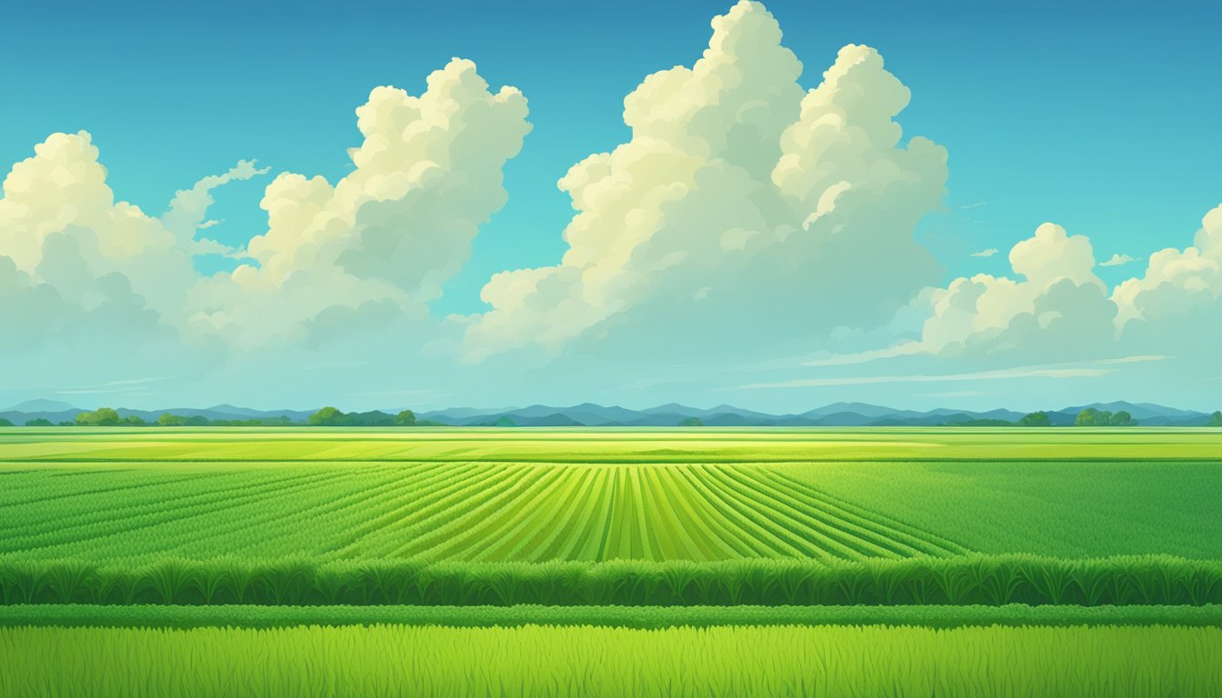 A vast Texas rice field, with rows of lush green crops stretching to the horizon, under a bright blue sky