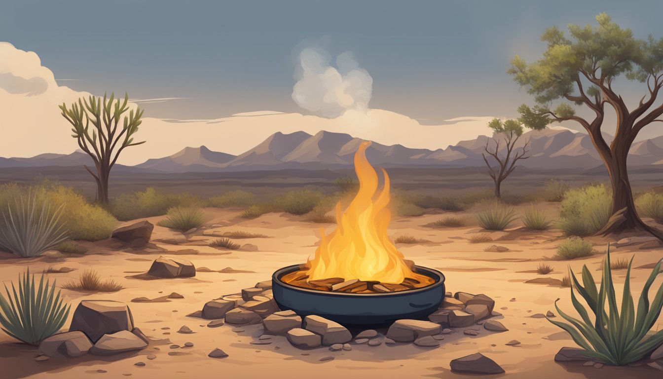 A dry Texas landscape with a boiling pot of water on a campfire, surrounded by parched earth and wilting plants