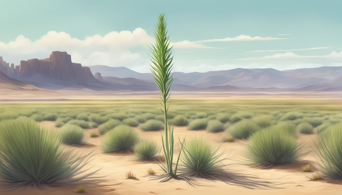 A lone psyllium husk plant stands tall in the vast Texan desert, its thin green stalks swaying gently in the hot breeze