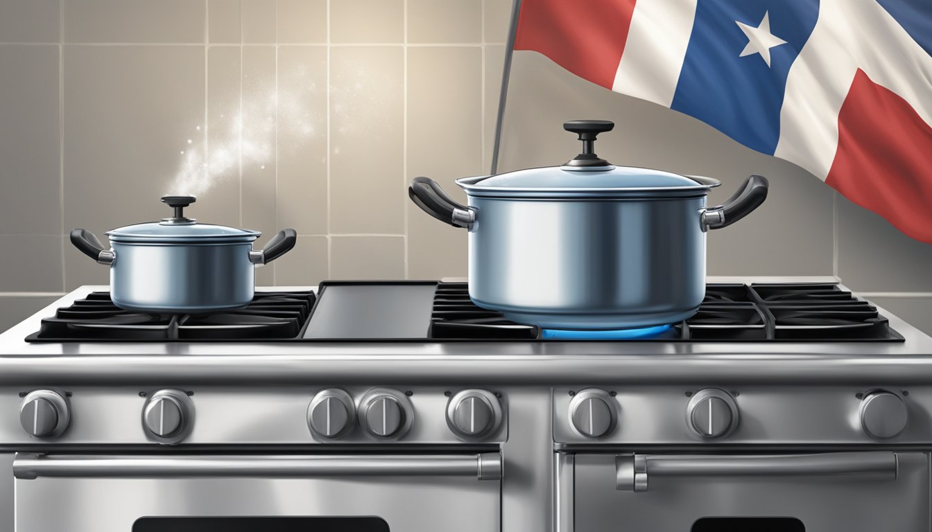 A pot of water on a gas stove, steam rising, with a Texas flag hanging in the background