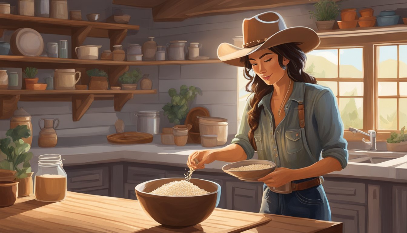 A lone cowgirl in a Texas kitchen mixes psyllium husk into a bowl of oatmeal, surrounded by western decor and a wide-brimmed hat