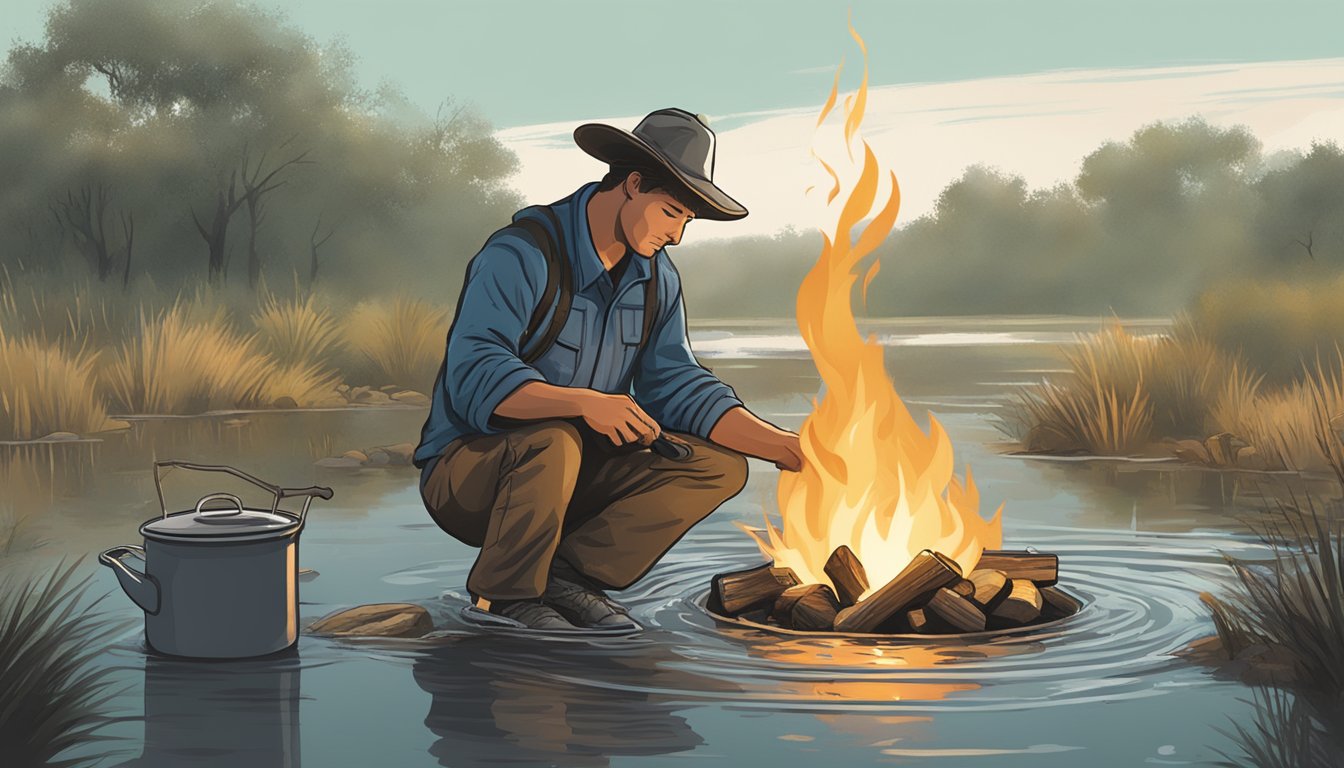 A person using a pot to boil water over a campfire in a flooded Texas landscape