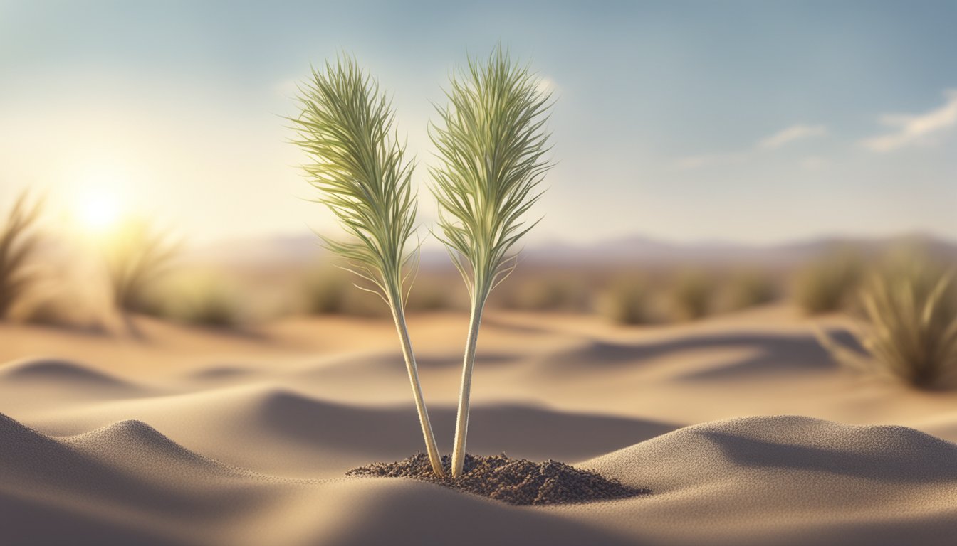 A lone psyllium husk plant grows in the dry Texas desert, its thin leaves reaching towards the hot sun