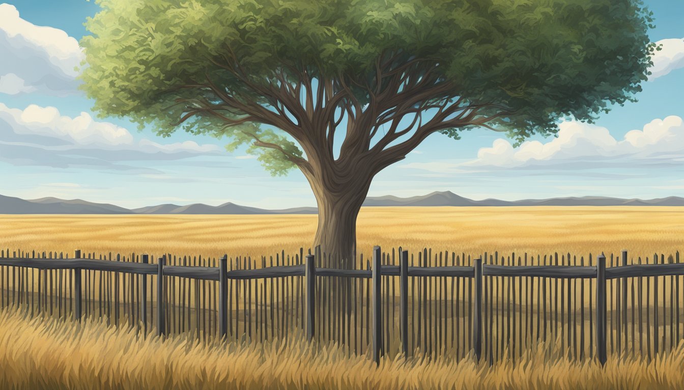 A lone psyllium husk plant grows in a vast Texas field, surrounded by a fence for safety