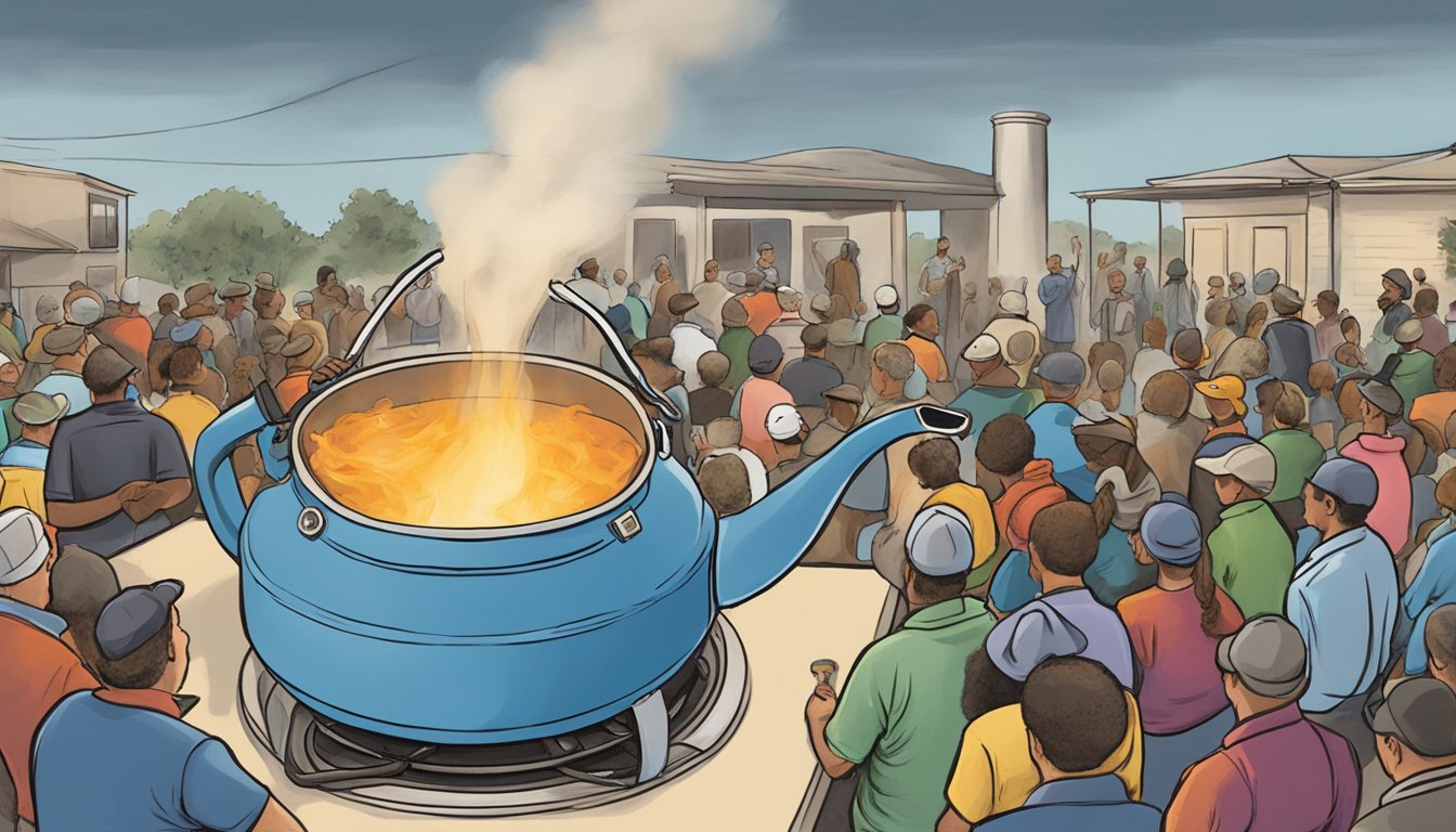 A kettle boils on a stovetop as a community gathers to address the Texas water crisis