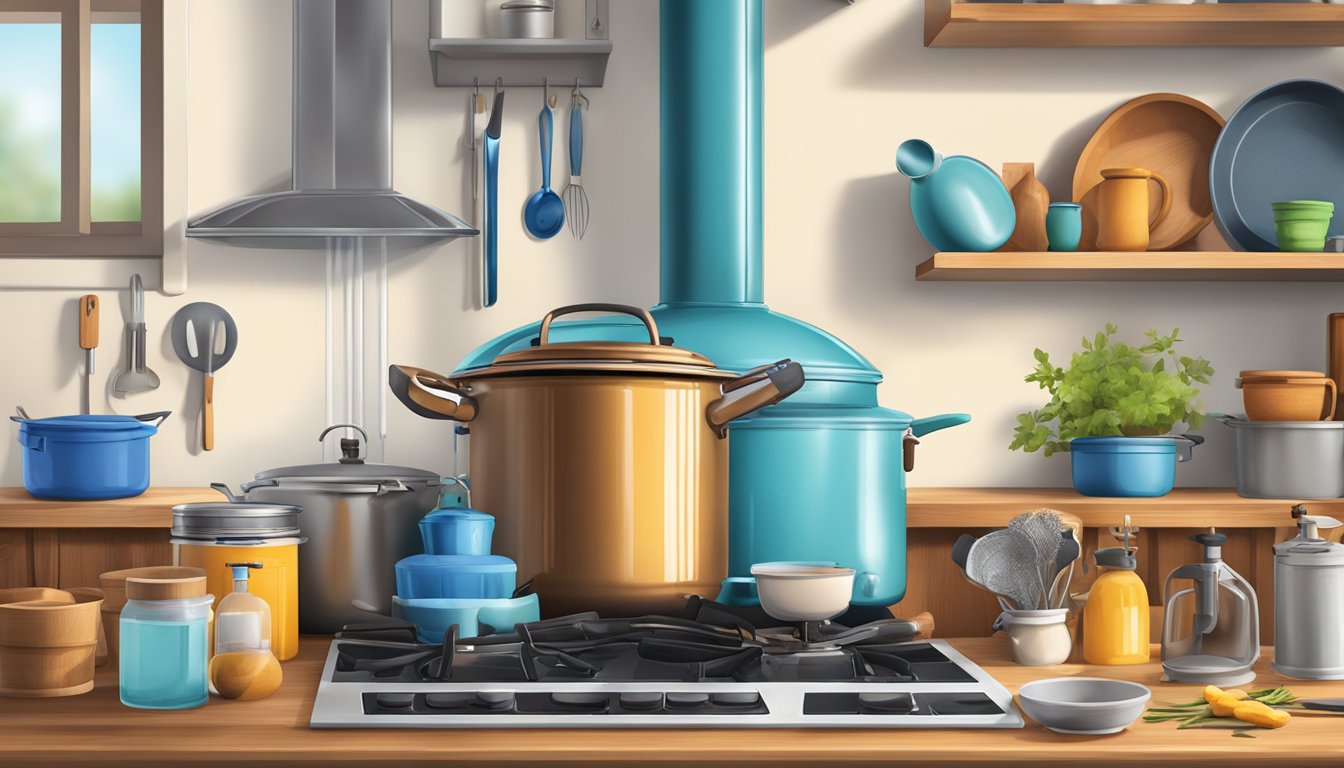 A suburban home in Texas with a large pot of boiling water on the stove, surrounded by various tools and materials for protecting against water issues