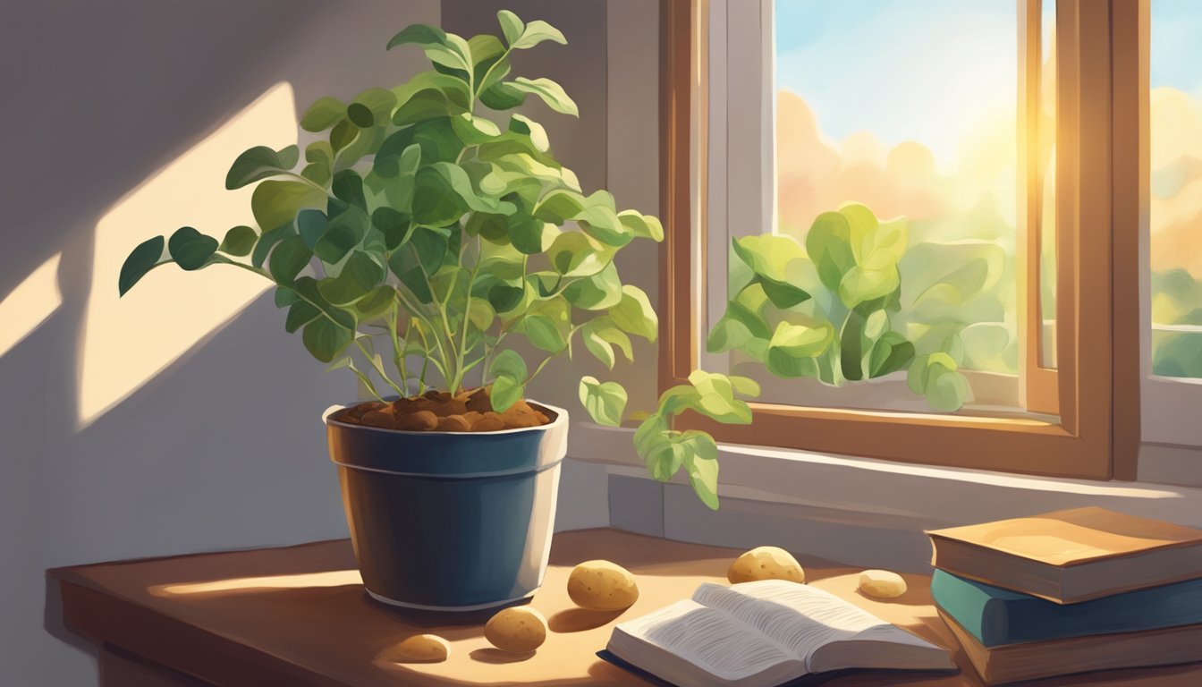 A lone potato plant grows in a small pot on a windowsill, surrounded by books and a cozy blanket. The sunlight streams in, creating a warm and inviting atmosphere