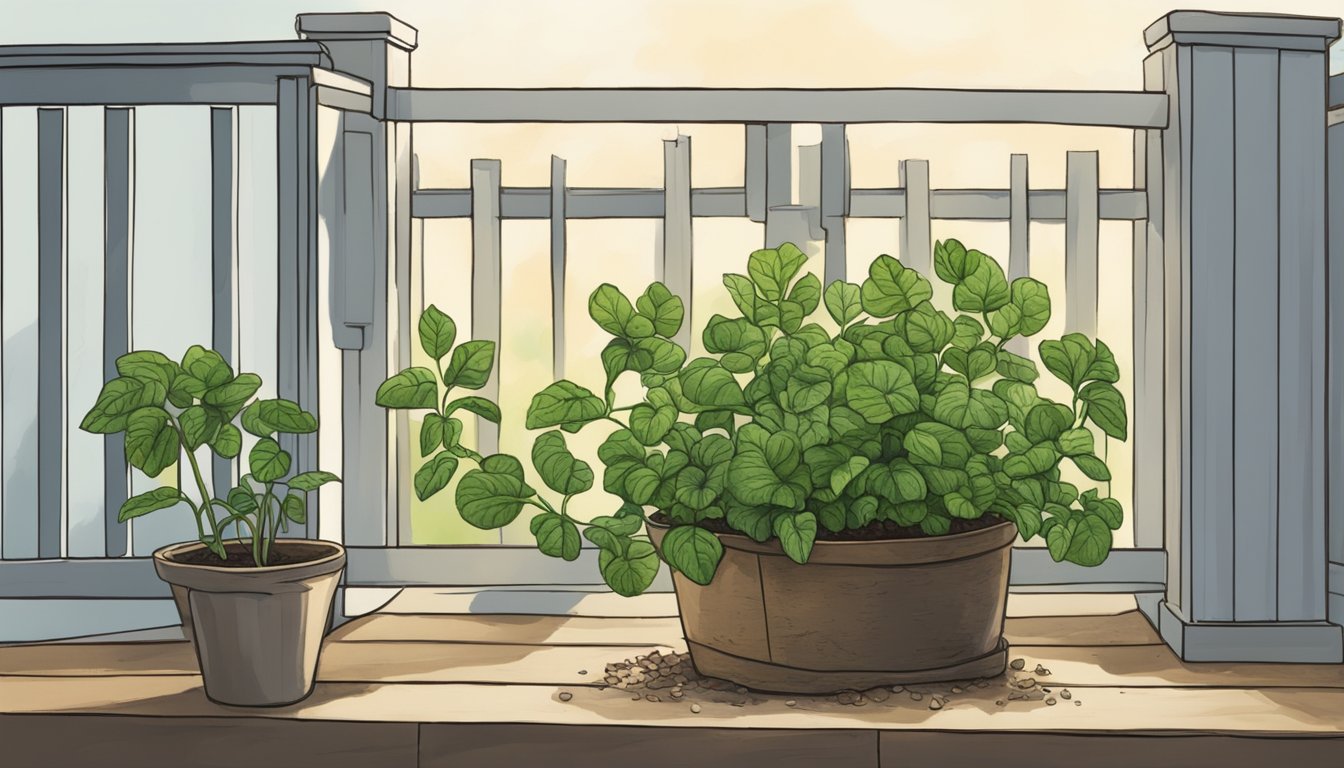 A lone potato plant thrives in a makeshift garden on a Texas porch during quarantine