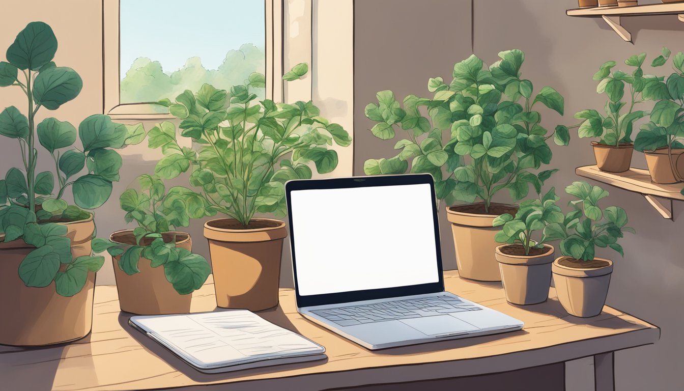 A lone potato plant grows in a Texas backyard, surrounded by pots of other plants. A laptop sits on a table nearby, showing a video call with friends