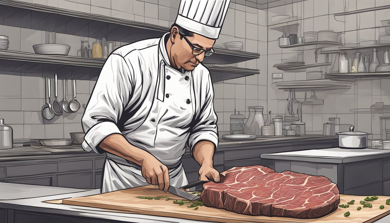 A chef expertly trims and prepares a marbled cut of dry-aged beef in a Texas culinary kitchen