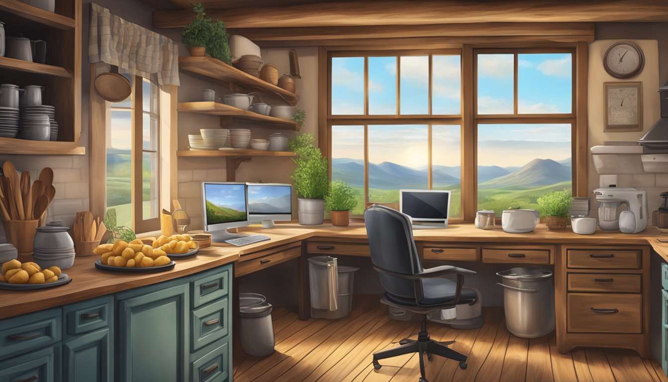 A rustic kitchen with a large pot boiling potatoes, a home office with a computer and paperwork, and a Texas landscape visible through the window