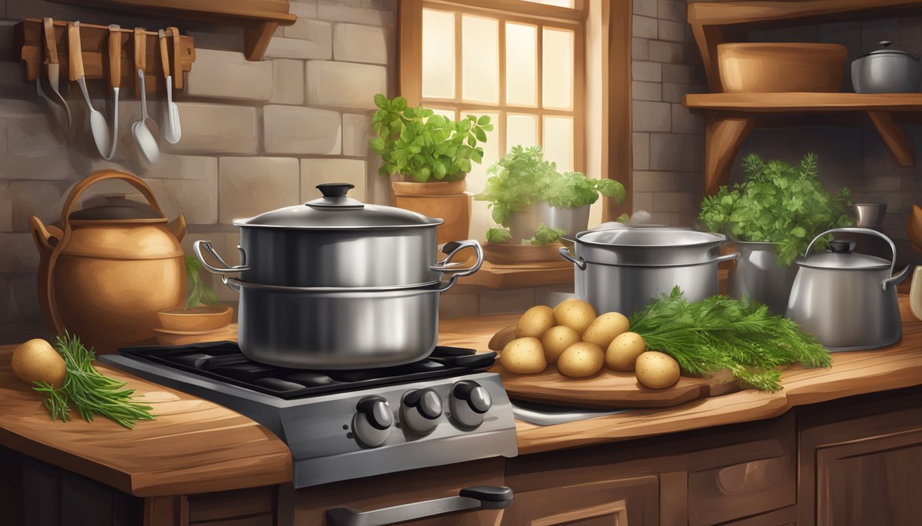 A rustic kitchen with a steaming pot of potatoes on a stove, surrounded by fresh herbs and cooking utensils