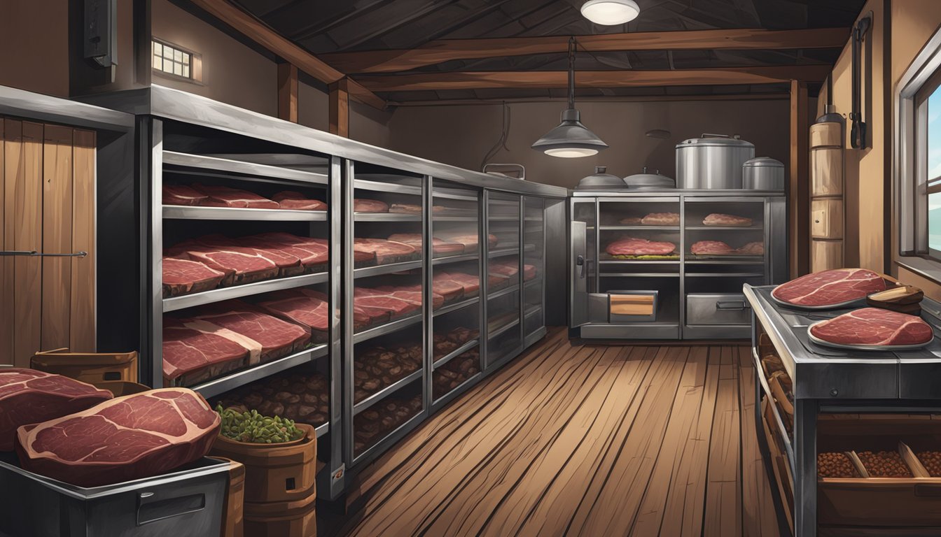 A rustic Texas steakhouse with a vintage meat locker filled with dry-aged beef, surrounded by safety equipment and storage containers