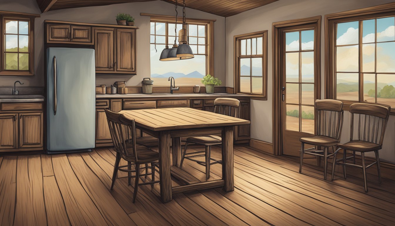 A lone potato sits on a rustic Texas kitchen table, surrounded by empty chairs and a quiet, still atmosphere