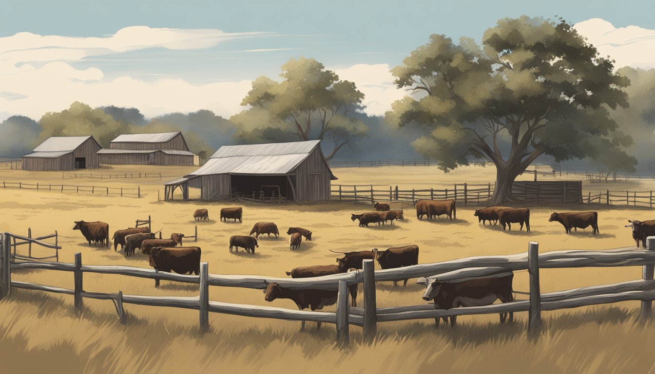 A ranch in Texas showcasing the process of dry aging beef, with cattle grazing in the background and a rustic, weathered barn in the distance