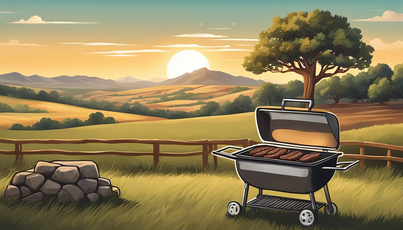 A sizzling steak on a grill, surrounded by a rustic Texas landscape with rolling hills and a lone oak tree