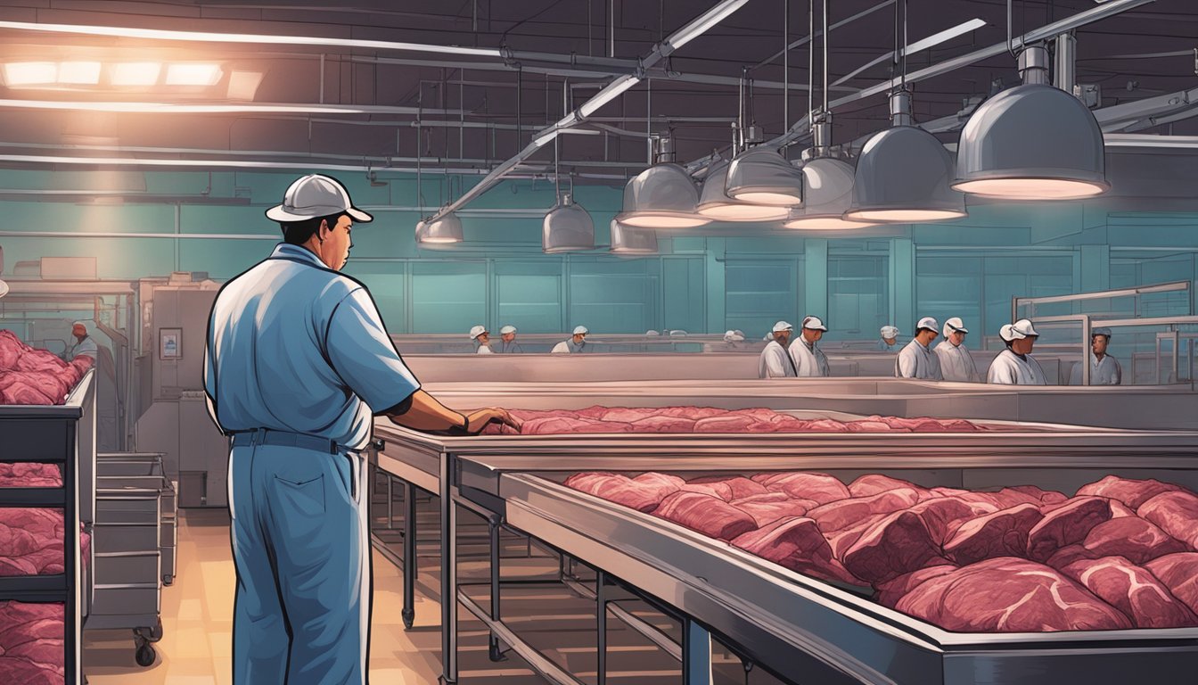 An inspector examines beef carcasses under bright lights in a USDA meat grading facility in Texas