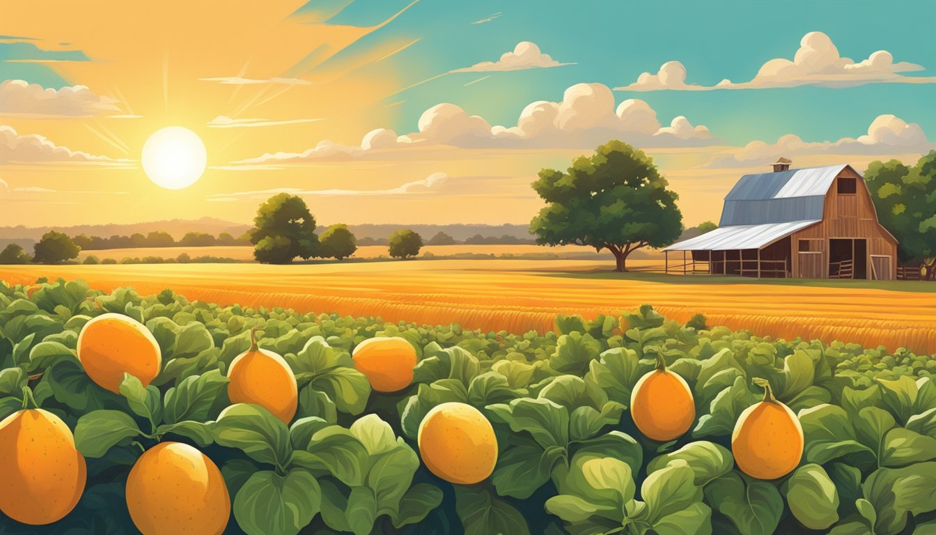 A vibrant Texas farm scene with ripe cantaloupes in a field under the warm sun