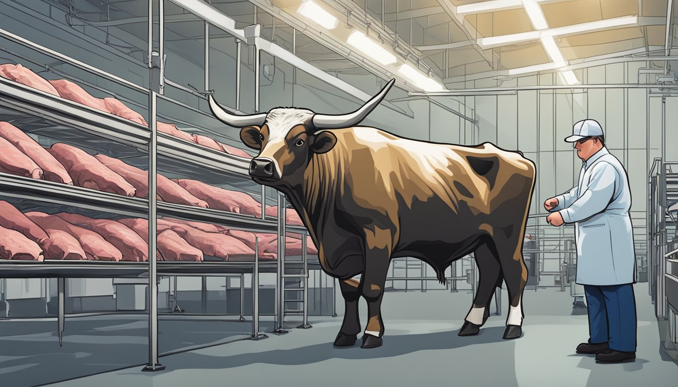 A large steer being inspected by a USDA official in a Texas meat processing facility