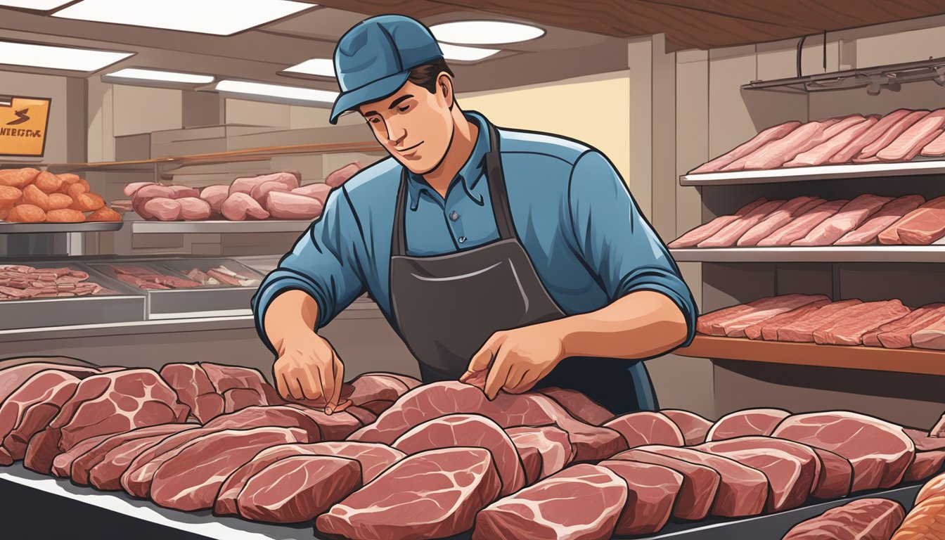 A butcher arranging graded cuts of meat in a Texas market display