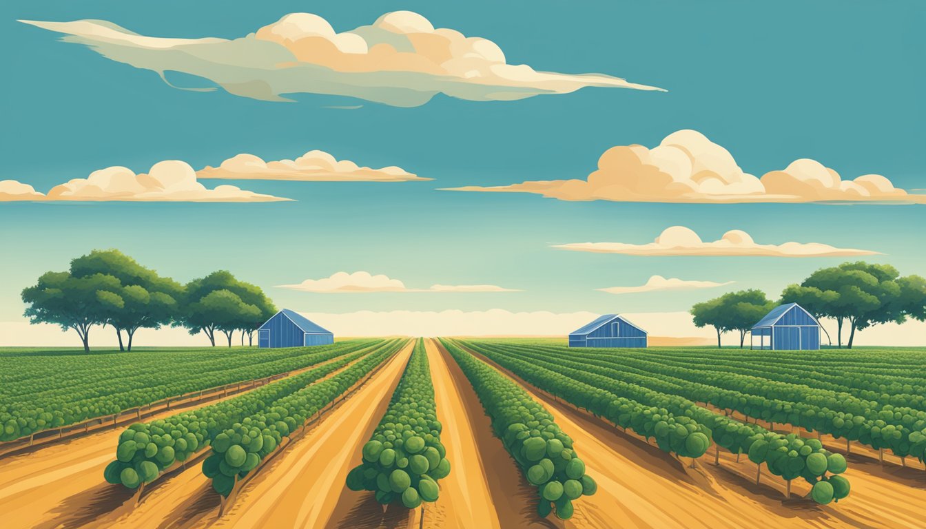 A vibrant Texas cantaloupe farm with rows of ripe, sweet fruit under a clear blue sky