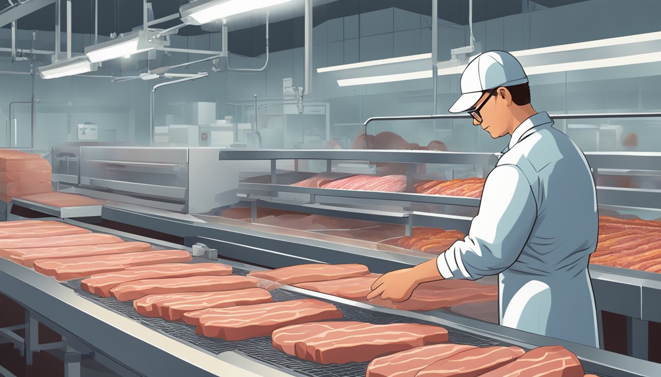 A butcher carefully inspecting and grading various processed meat products in a USDA meat grading facility in Texas