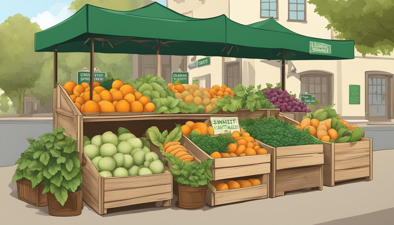 A farmer's market booth with a variety of ripe cantaloupes piled in a wooden crate, surrounded by vibrant green leaves and a sign that reads "In Season: Sweet Texas Cantaloupes."