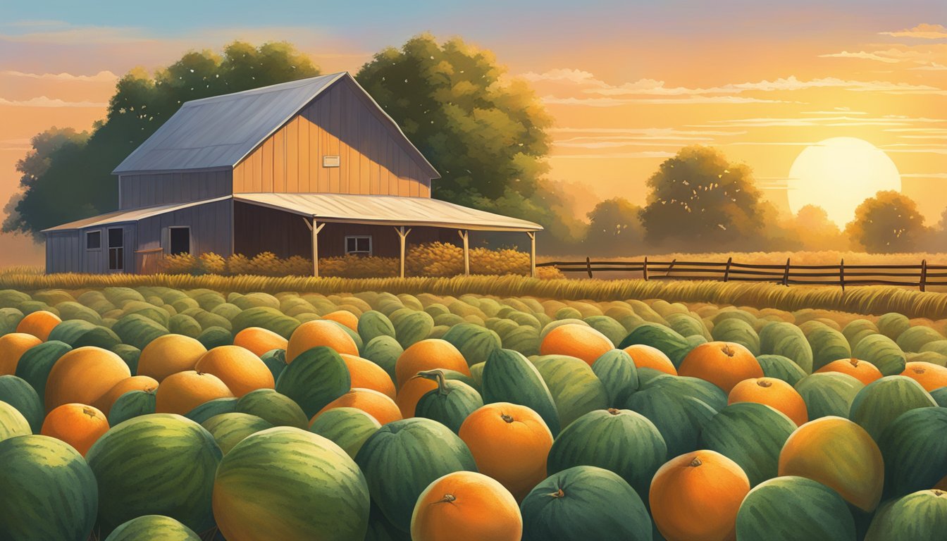 A vibrant Texas farm scene with ripe, musky-sweet cantaloupes piled high under the warm sun