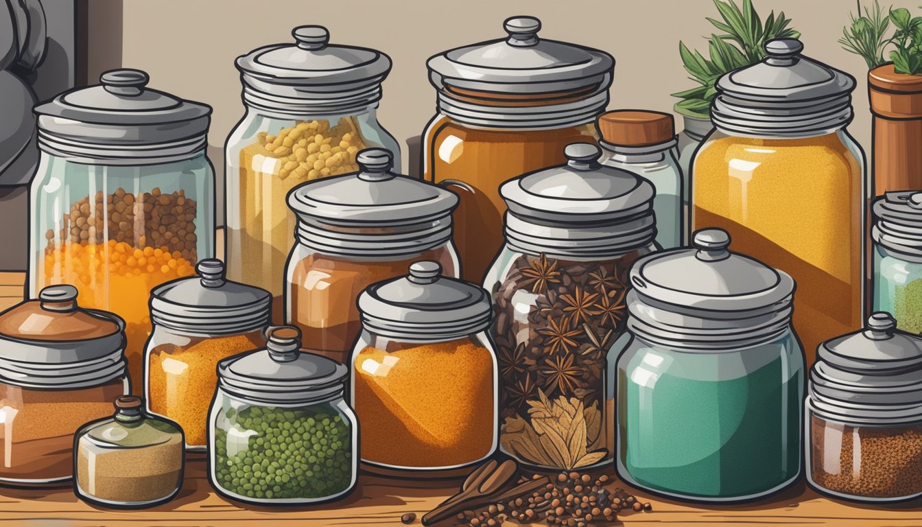 A kitchen counter filled with jars of colorful spice blends and various cooking utensils, with a pot simmering on the stove, symbolizing the rise of home cooking during the pandemic in Texas