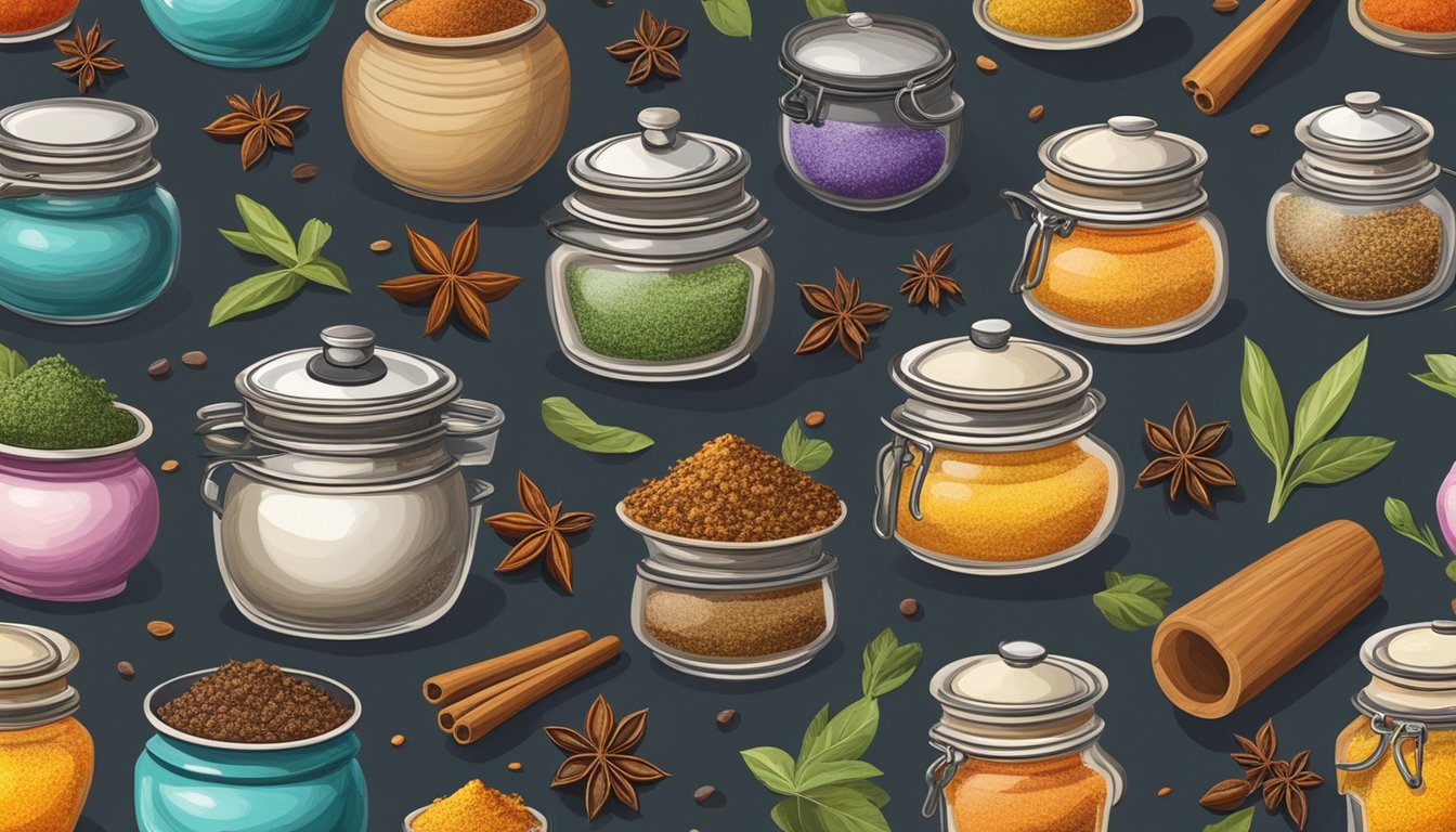 A variety of colorful spice jars arranged on a kitchen countertop, with a mortar and pestle nearby. A pot on the stove emits fragrant steam