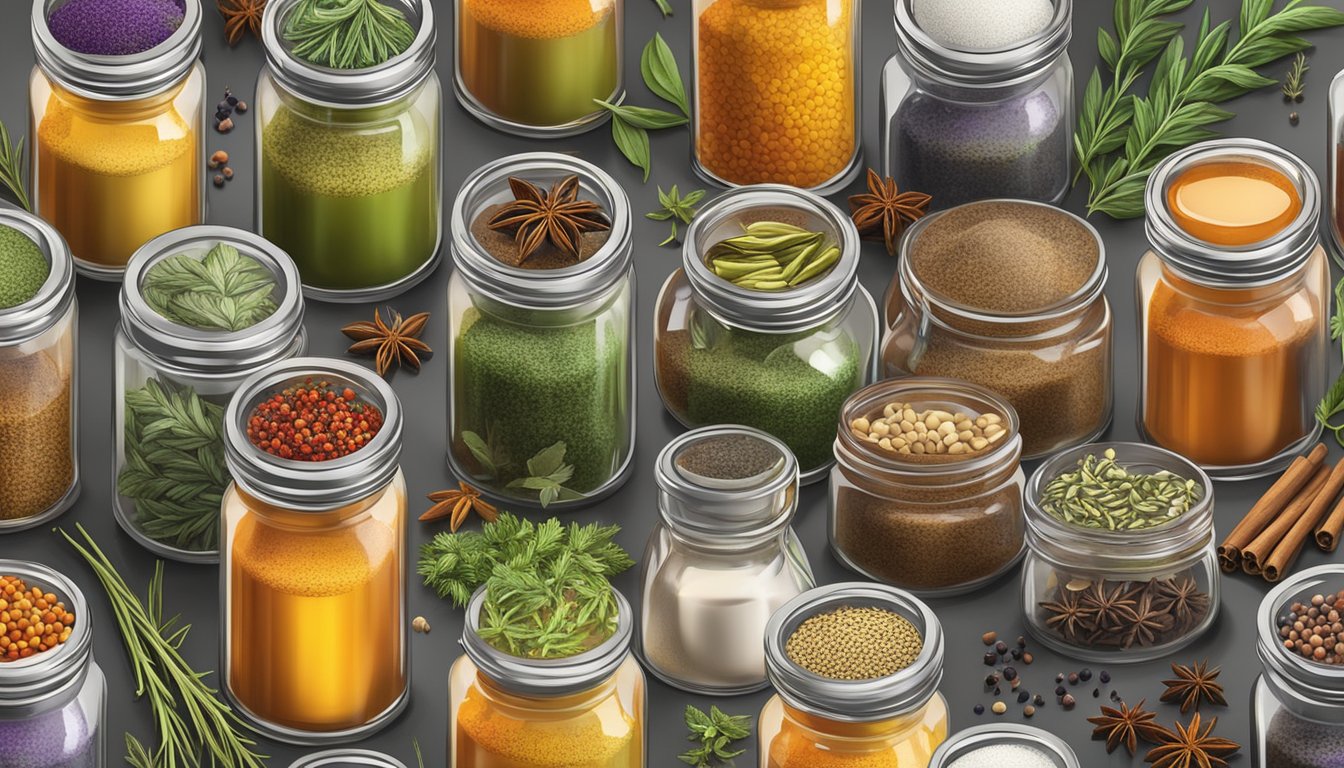 A colorful array of spice jars and bottles arranged on a kitchen counter, with various herbs and seasonings spilling out onto the surface