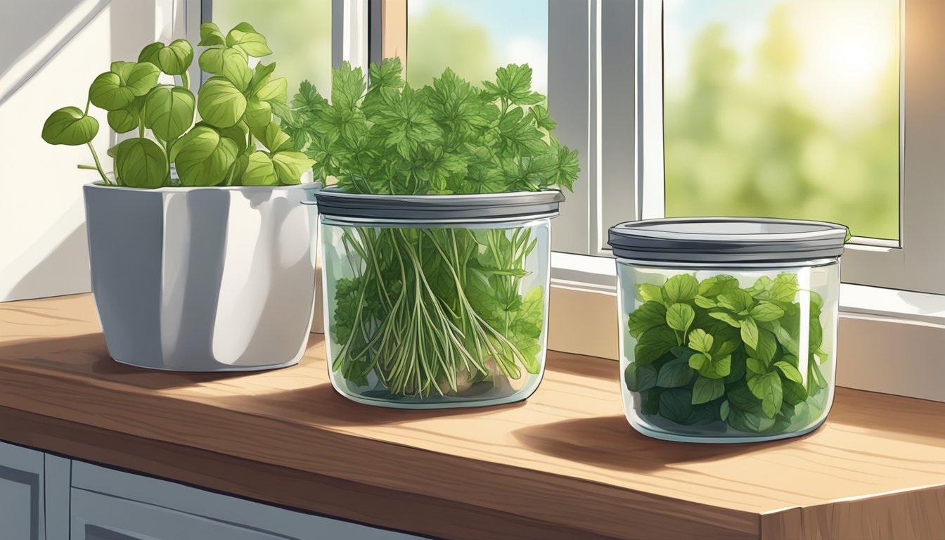 Fresh herbs stored in airtight containers on a sunny kitchen windowsill, with a small bowl of water to keep them hydrated