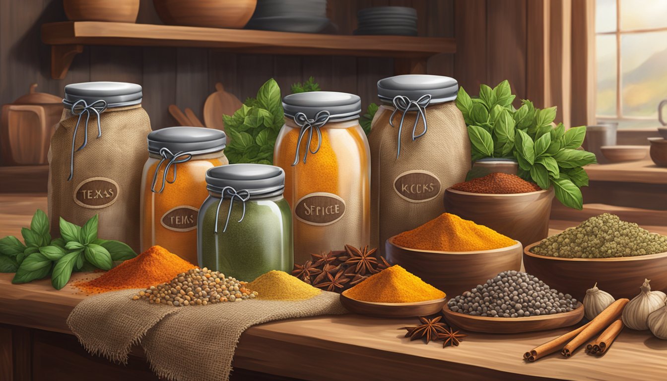 A vibrant array of spices and herbs spill out of rustic burlap sacks, arranged neatly on a wooden countertop, with a warm Texas kitchen in the background