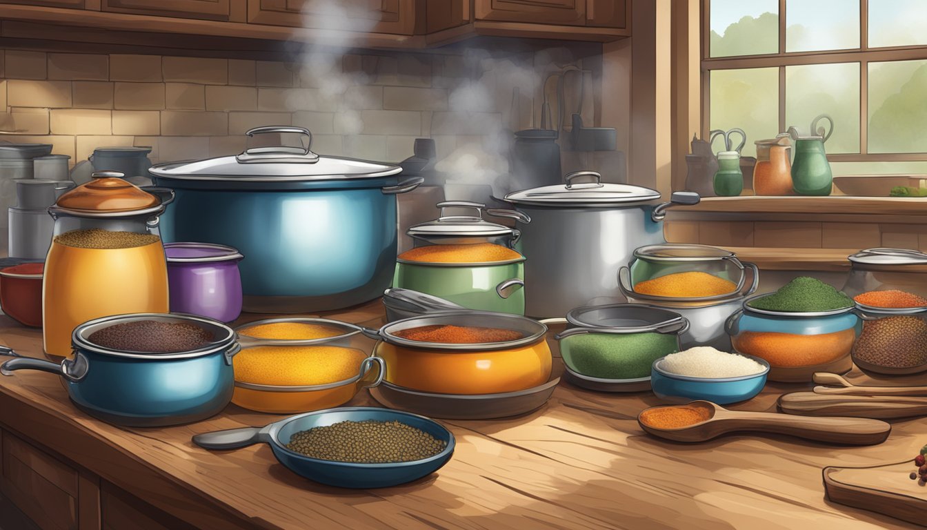 A colorful array of spice jars and cooking utensils scattered across a rustic kitchen countertop, with steam rising from a simmering pot on the stove